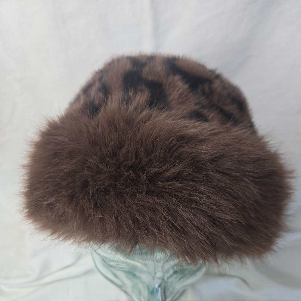 Womens Faux Fur Hat cozy warm winter brown fur trimmed with leopard crown